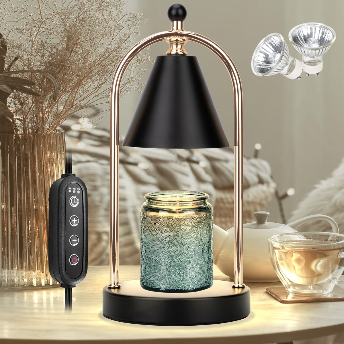 Candle Warmer Lamp with Timer, Electric Black Candle Warming Light for Bedroom, Dimmable Wax Melts Warmer for Home Decor Beside Lamp Gifts for Women (2 Bulbs Included)