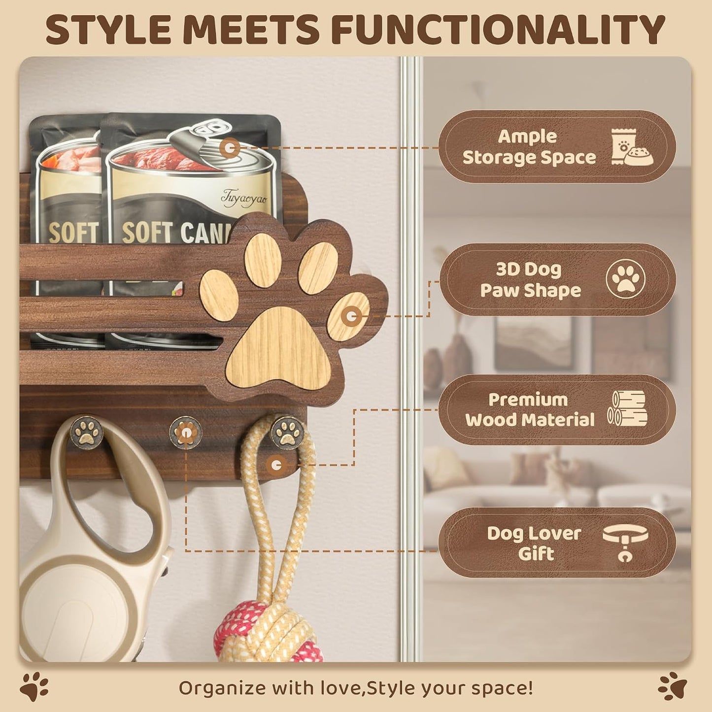 MTERSN Dog Leash Holder for Wall with Wall Shelf for Dog Lover, White | 3D Paw-print Design, Mail Holder for Wall with 6 Hooks for Dog Leash & Sunglasses, Put Dog Food Container, Rustic Home Decor