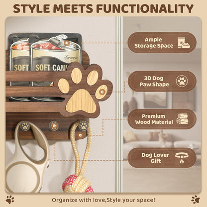 MTERSN Dog Leash Holder for Wall with Wall Shelf for Dog Lover, White | 3D Paw-print Design, Mail Holder for Wall with 6 Hooks for Dog Leash & Sunglasses, Put Dog Food Container, Rustic Home Decor