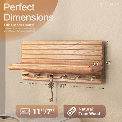 Rebee Vision Pine Wood Key Holder Wall Mount with Shelf for Entryway, Brown | 6 Key Hooks, Round Corner, Smooth&Hand-Friendly, Clear Wood Texture, Space-Saving Design, Organize Mail & Letter