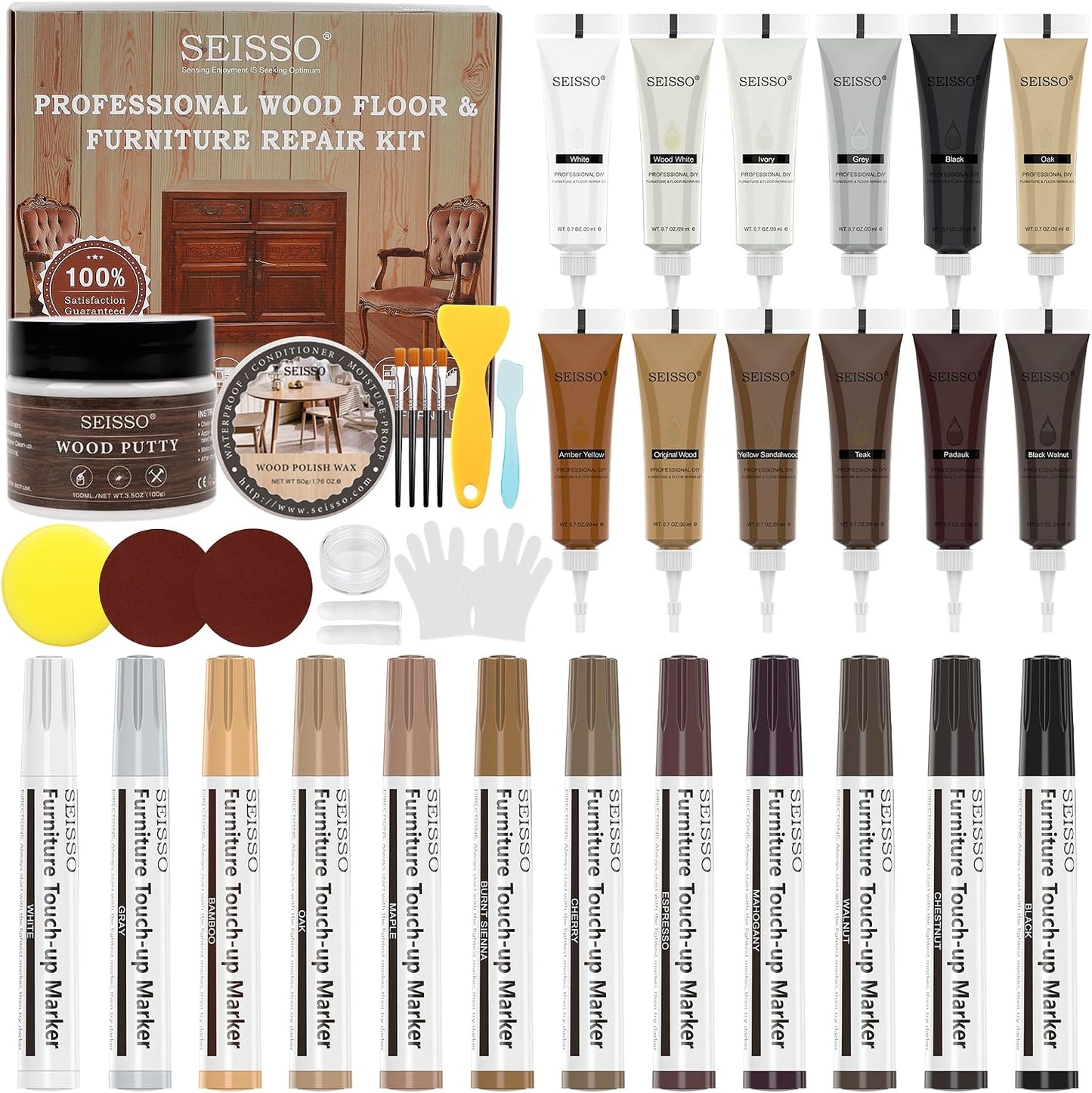 SEISSO Wood Furniture Repair Kit, Touch Up Markers Wood Fillers | Wood Putty with Polish Wax, 12 Colors Wood Repair Kit of Stains, Scratches, Holes, Cracks(40 PCs)