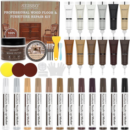 SEISSO Wood Furniture Repair Kit, Touch Up Markers Wood Fillers | Wood Putty with Polish Wax, 12 Colors Wood Repair Kit of Stains, Scratches, Holes, Cracks(40 PCs)