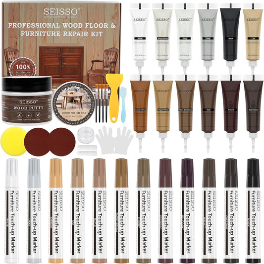 SEISSO Wood Furniture Repair Kit, Touch Up Markers Wood Fillers | Wood Putty with Polish Wax, 12 Colors Wood Repair Kit of Stains, Scratches, Holes, Cracks(40 PCs)