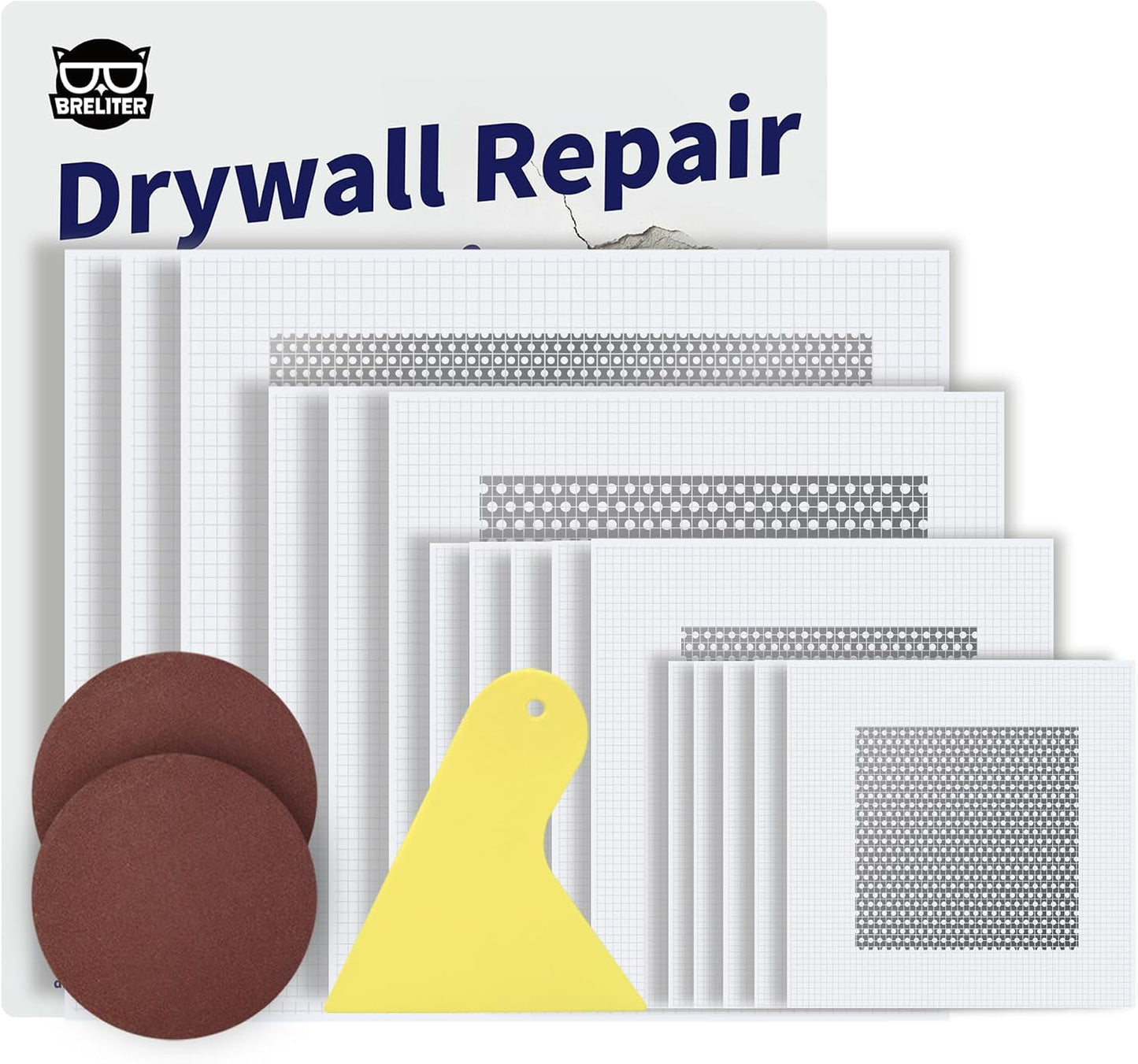 Drywall Repair Patch Kit, 13 Pcs Self-Adhesive Aluminum Wall Hole Repair Patches for Wall, Ceiling, Sheetrock, Plaster, 2/4/6/8 Inch Drywall Patch Kit with Scraper & Sandpaper