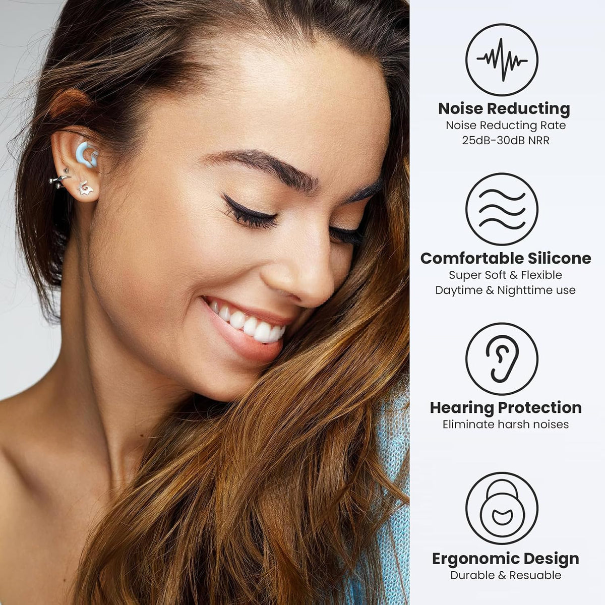 JUSTRVN Earplugs for Sleeping,Noise Reduction Soft Silicone Ear plugs with 7 Pairs Ear tips&One Connection Cord,Hearing Protection Reusable Earplugs for Sleeping,Concert,Work&Sound Reduction 25dB-30db