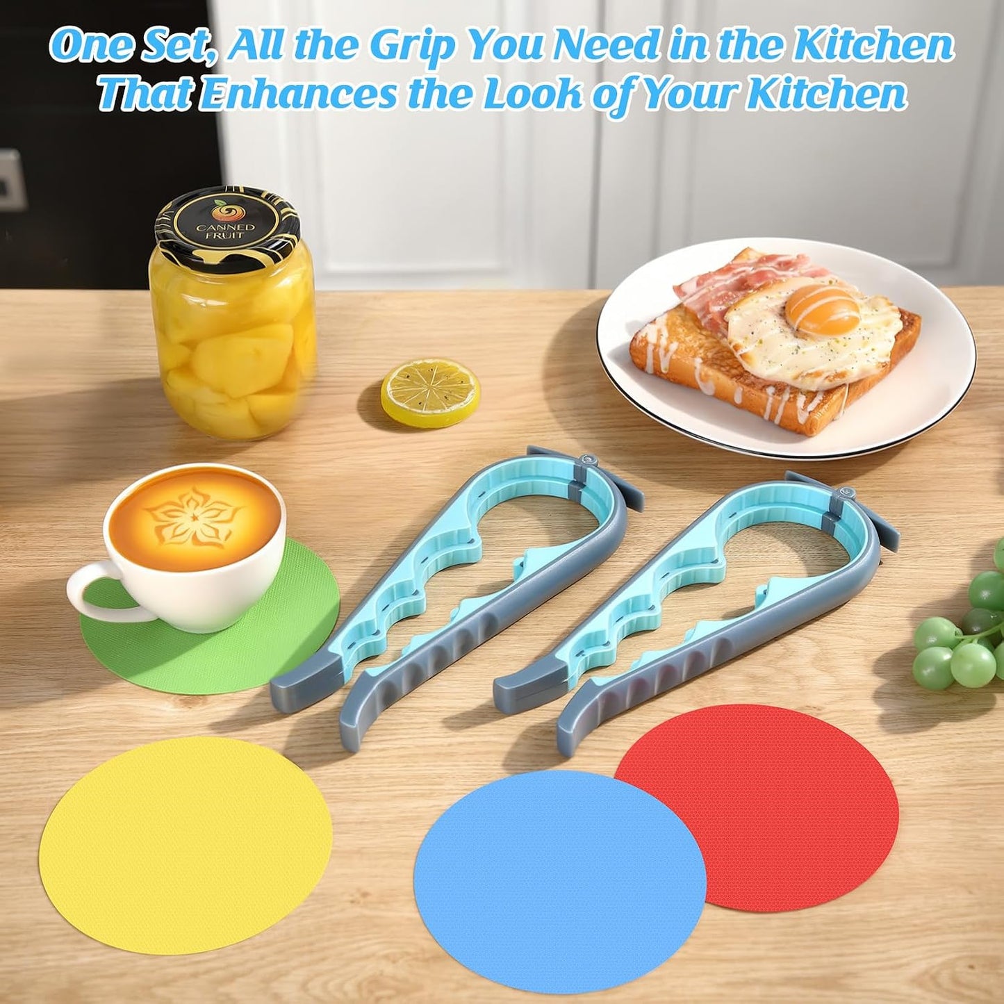 Jar Opener for Weak Hands, Seniors with Arthritis, 2 Pcs 5 in 1 Multi Function Bottle Opener Lid Openers For Arthritic Hands with 4 Pcs Rubber Jar Openers Bottle Gripper Non Slip Pad