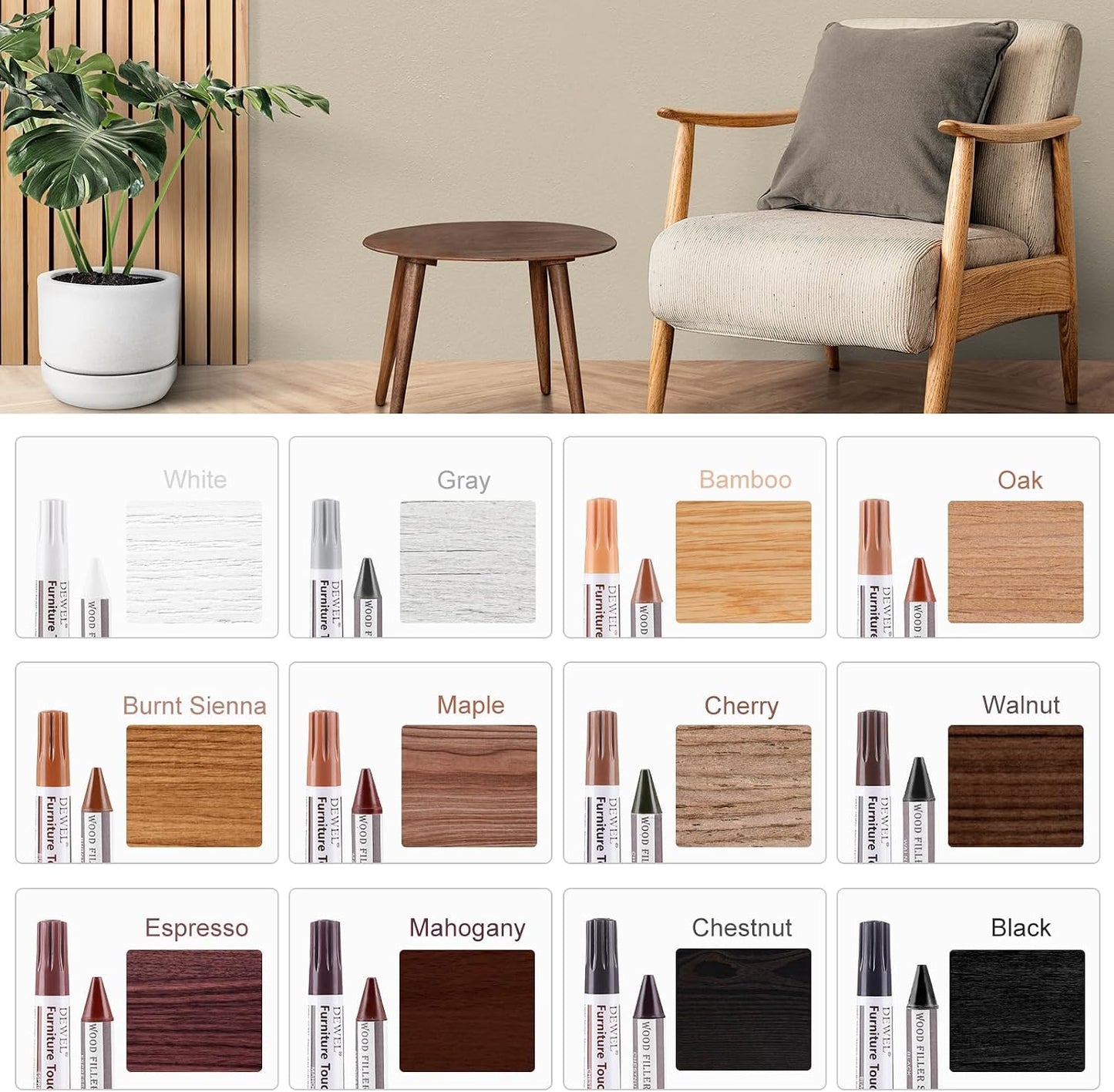 DEWEL Furniture Touch Up Markers, 17-Piece Wood Repair Kit with Wax Sticks | 8 Wood Touch Up Markers + 8 Wax Filler Sticks + Sharpener; Maple, Oak, Cherry, Walnut, Mahogany, White, Gray & Black
