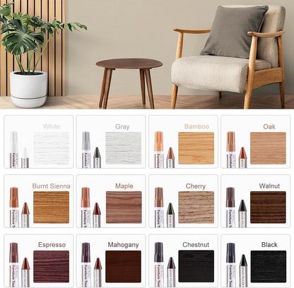 DEWEL Furniture Touch Up Markers, 17-Piece Wood Repair Kit with Wax Sticks | 8 Wood Touch Up Markers + 8 Wax Filler Sticks + Sharpener; Maple, Oak, Cherry, Walnut, Mahogany, White, Gray & Black