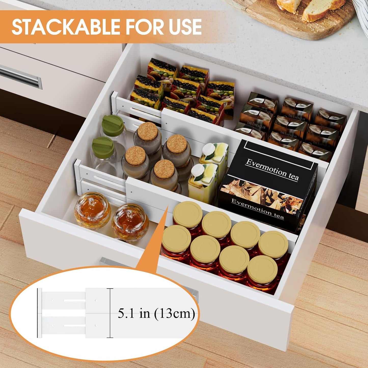 Bamboo Drawer Dividers, Adjustable Drawer Organizers, Fits 12.6–16" Drawers | 2.5" High, 4 Pack Expandable Drawer Separators for Kitchen, Nursery, Dressers & Office Storage, Natural