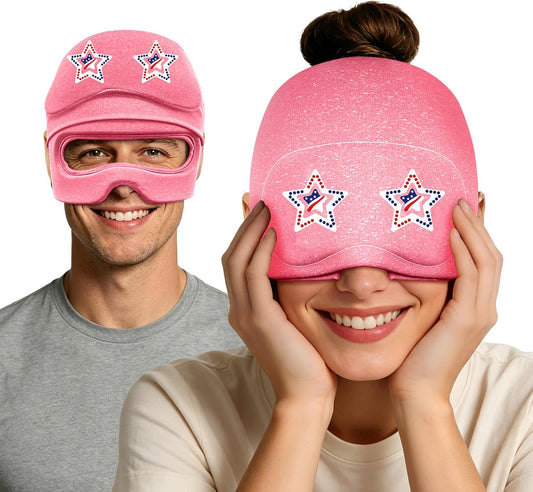Migraine Relief Cap with Slide-Up Eye Mask, Headache Relief Hat, Face Ice Pack, Hot & Cold Compress Gel Head Wrap for Hangover, Stress, Tension,Puffy Eyes, Great Birthday Gift (Hot Pink)