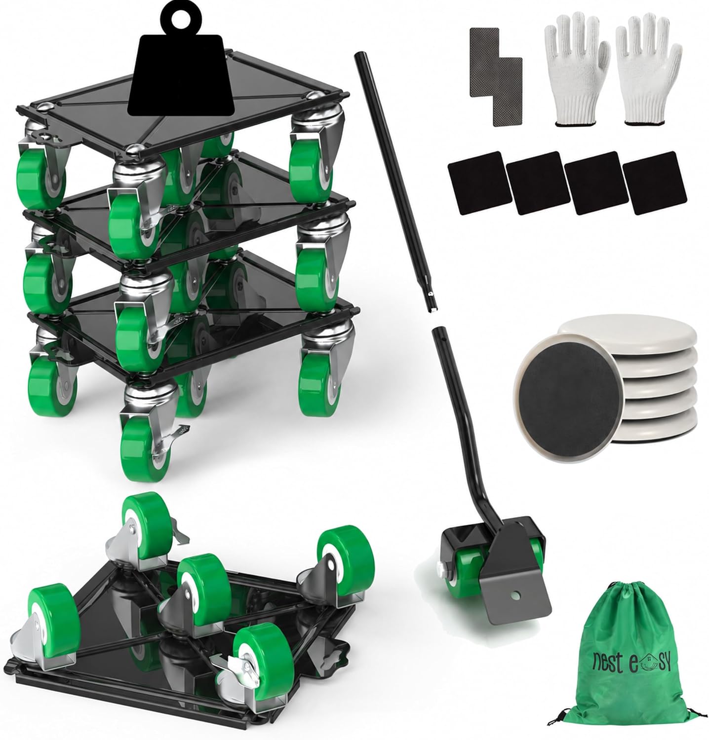 Heavy Duty Furniture Dolly 360 Rotate 5 Wheels 3000 Lbs Capacity 5.3x5.3 in | Furniture Movers with Green Wheels, Measure Tape & Leveler, Alloy Steel Furniture Lifter Tool for Smooth Home & Office Uses
