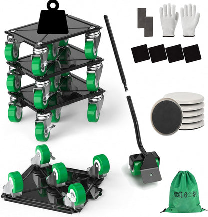 Heavy Duty Furniture Dolly 360 Rotate 5 Wheels 3000 Lbs Capacity 5.3x5.3 in | Furniture Movers with Green Wheels, Measure Tape & Leveler, Alloy Steel Furniture Lifter Tool for Smooth Home & Office Uses