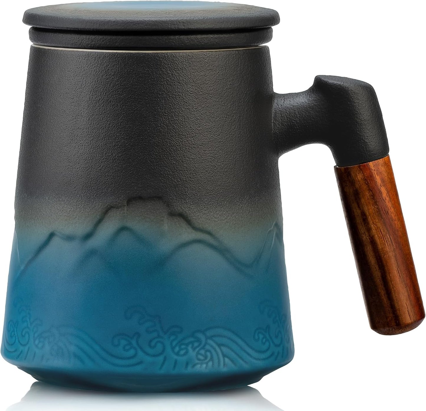 suyika Tea Cup with Infuser and Lid, 15.2 Ounce Wood Handle Ceramic Loose Leaf Mug Gradient Black&Green 450ml