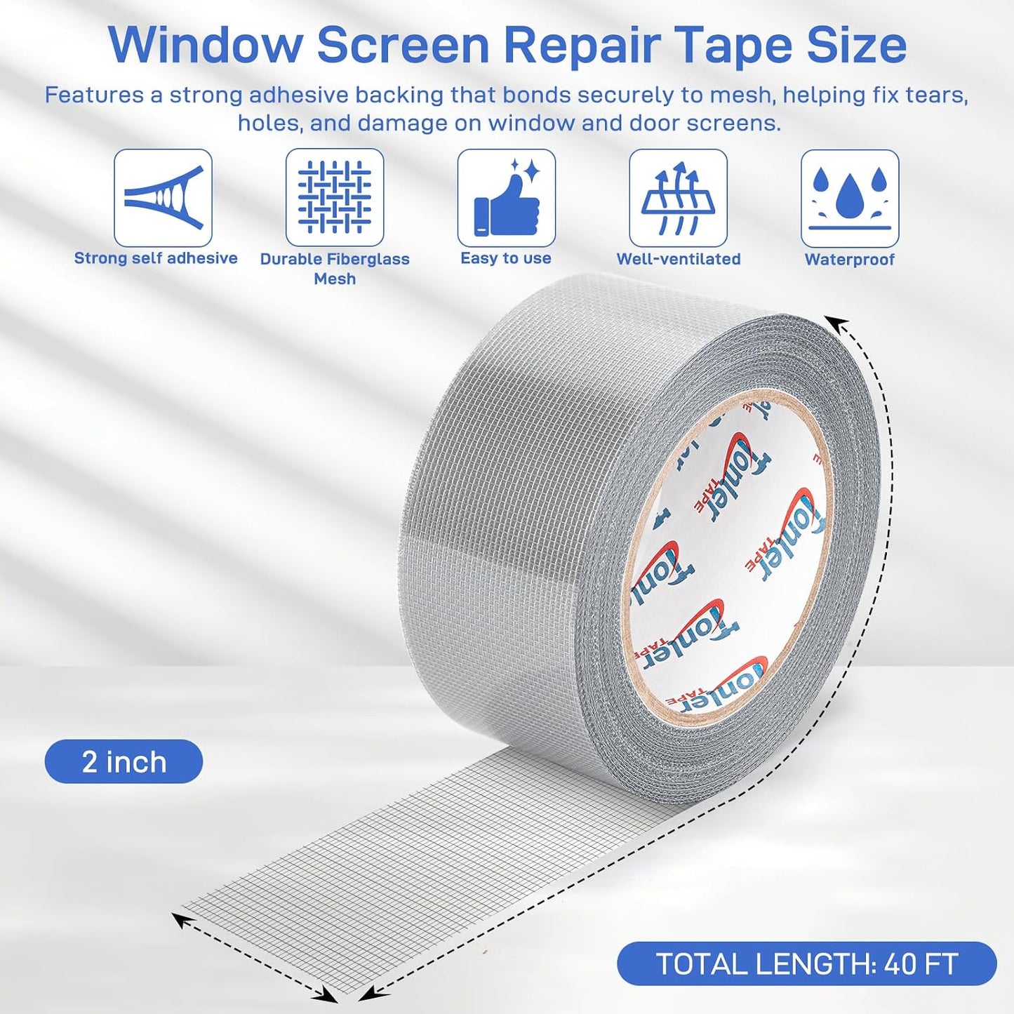 Gray Window Screen Repair Tape 2" x 40FT Fiberglass Strong Adhesive | Waterproof fiberglass mesh repair patch, fixes holes and tears, easy to cut and stick for window door screen repair