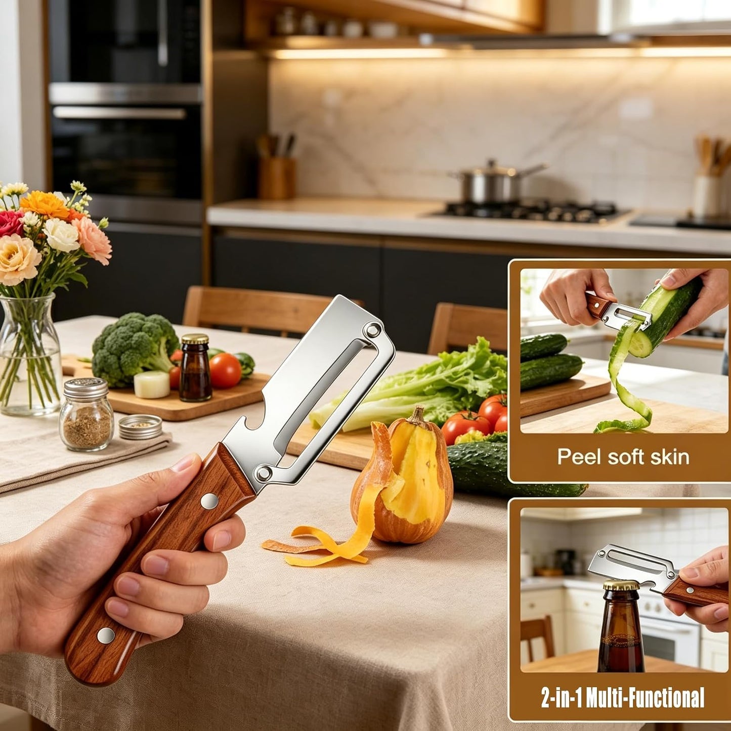 2 in 1 Multi Functional Vegetable Peeler for Kitchen，Vegetable Peeler with Wooden Handle and Bottle Opener, Stainless Steel Blade Kitchen Tool for Fruit Apple Carrot Potato Pumpkin Papaya(2PCS)