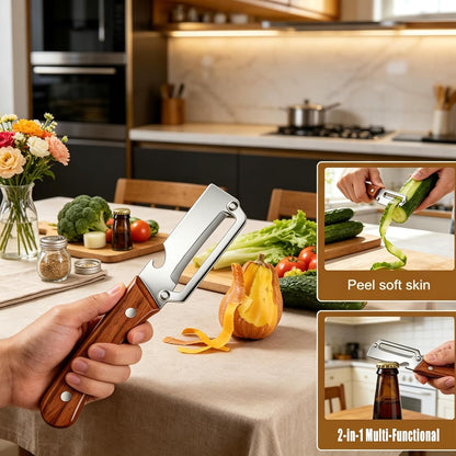 2 in 1 Multi Functional Vegetable Peeler for Kitchen，Vegetable Peeler with Wooden Handle and Bottle Opener, Stainless Steel Blade Kitchen Tool for Fruit Apple Carrot Potato Pumpkin Papaya(2PCS)