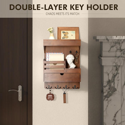 Rebee Vision Key Holder Wall Mount with Drawer Organizer for Entryway,Brown | Pine Wood, 6 Key Hooks, Display Shelf for Plants, Mail Slot for Storage Letter, Multi-Funtional Design, Home Storage