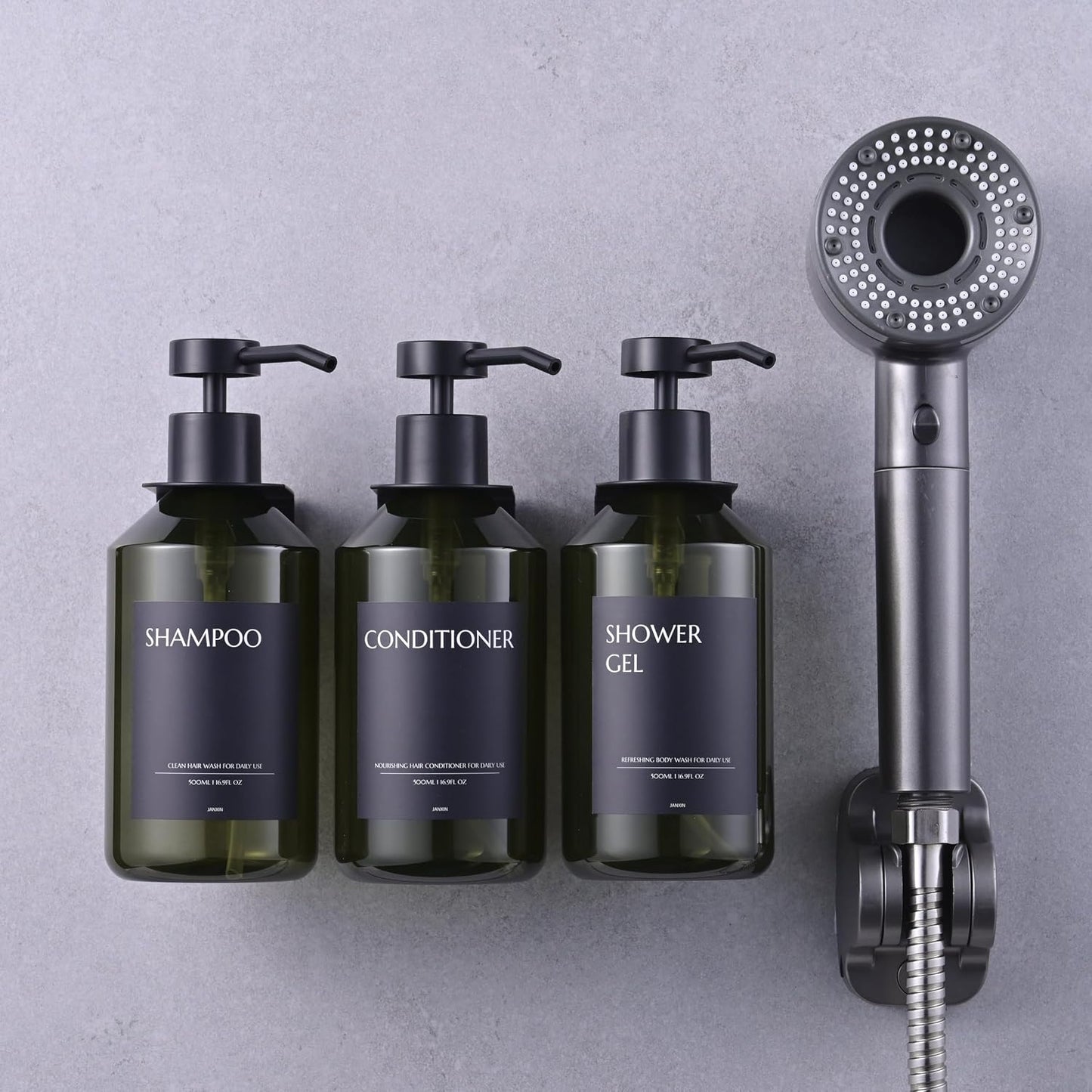 Shampoo and Conditioner Dispenser Set of 3 for Wall Mount | 16.9 fl oz Drill Free Shower Soap Bottles,Refillable Body Wash Dispensers for Bathroom Decor (Amber Bottles + Bamboo Pumps)