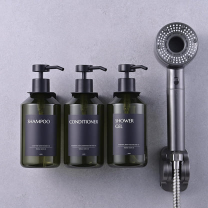 Shampoo and Conditioner Dispenser Set of 3 for Wall Mount | 16.9 fl oz Drill Free Shower Soap Bottles,Refillable Body Wash Dispensers for Bathroom Decor (Amber Bottles + Bamboo Pumps)