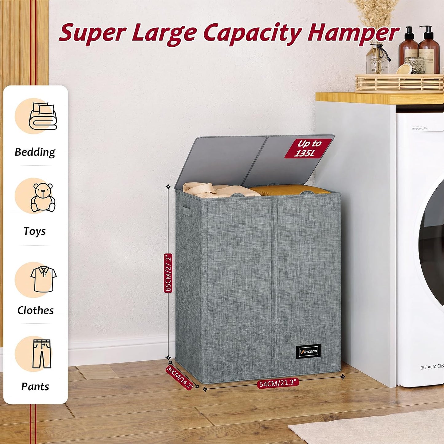 195L Laundry Hamper 3 Section,Large Laundry Hamper with Lid,Dirty Clothes Hamper with 3 Inner Bags,Collapsible Laundry Basket Organizer for Laundry Room,Bedroom,Laundry Sorter Hamper 3 Compartment
