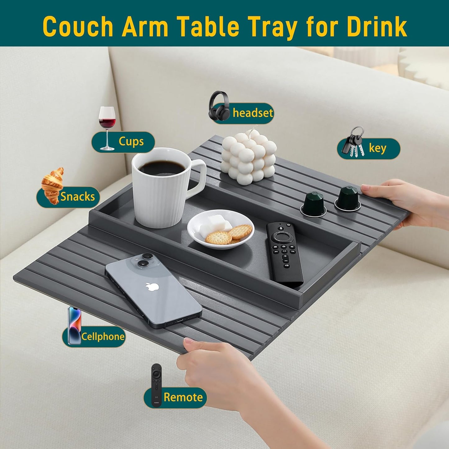 Bamboo Couch Arm Tray Table，Foldable Sofa Armrest Tray Table for Couch，Flexible and Anti-Slip Couch Arm Cup Holder，Portable Sofa Arm Chair Table for Drink,Cups, Eats，Snacks, Phone, Remote