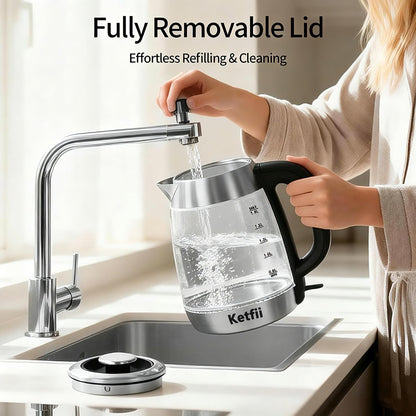 Electric Kettle 1.8 L, Stainless Steel & Glass, No Plastic, Fast Boiling | Coffee Tea Hot Water Boiler 1200W, Auto Shut Off, Boil-Dry Protection, BPA-Free, Borosilicate Glass, Removable Lid, LED Light