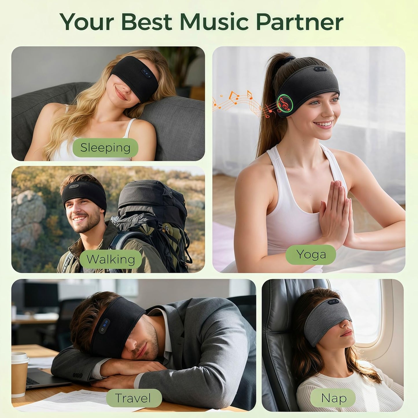 Bamboo Cotton Sleep Headphones,Ultra-Soft Wireless Headband Bluetooth for Side Sleepers, with 14H Playtime & Bluetooth 5.4, 4-in-1 Music Sleep Earphones for side sleeping(Black)