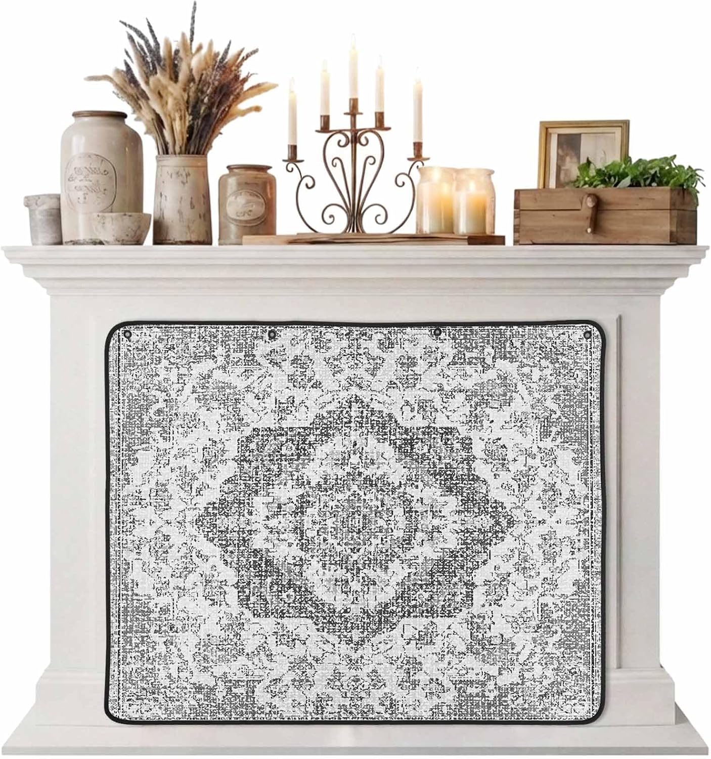 Magnetic Fireplace Cover Grey Medieval Flowers Fireplace Screen Decorative Retro Bohemian Pattern Insulation Fireplace Blocker Save Energy Fireplace Draft Stopper Covers for Living Room 39x32 Inch