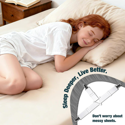 4 Pack Adjustable Elastic Straps with Metal Clips, Bed Sheet Fasteners, Bedding Suspenders for Mattress Covers, Bed Corner Holders and Keepers (White)