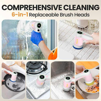 Electric Spin Scrubber for Bathroom and Shower Cleaning SD-CTB02 | 2 Speeds Cordless Power Cleaning Brush, 6 Replaceable Brush Heads, IPX7 Waterproof, For Bathroom, Sink, Tile, Kitchen, Grout