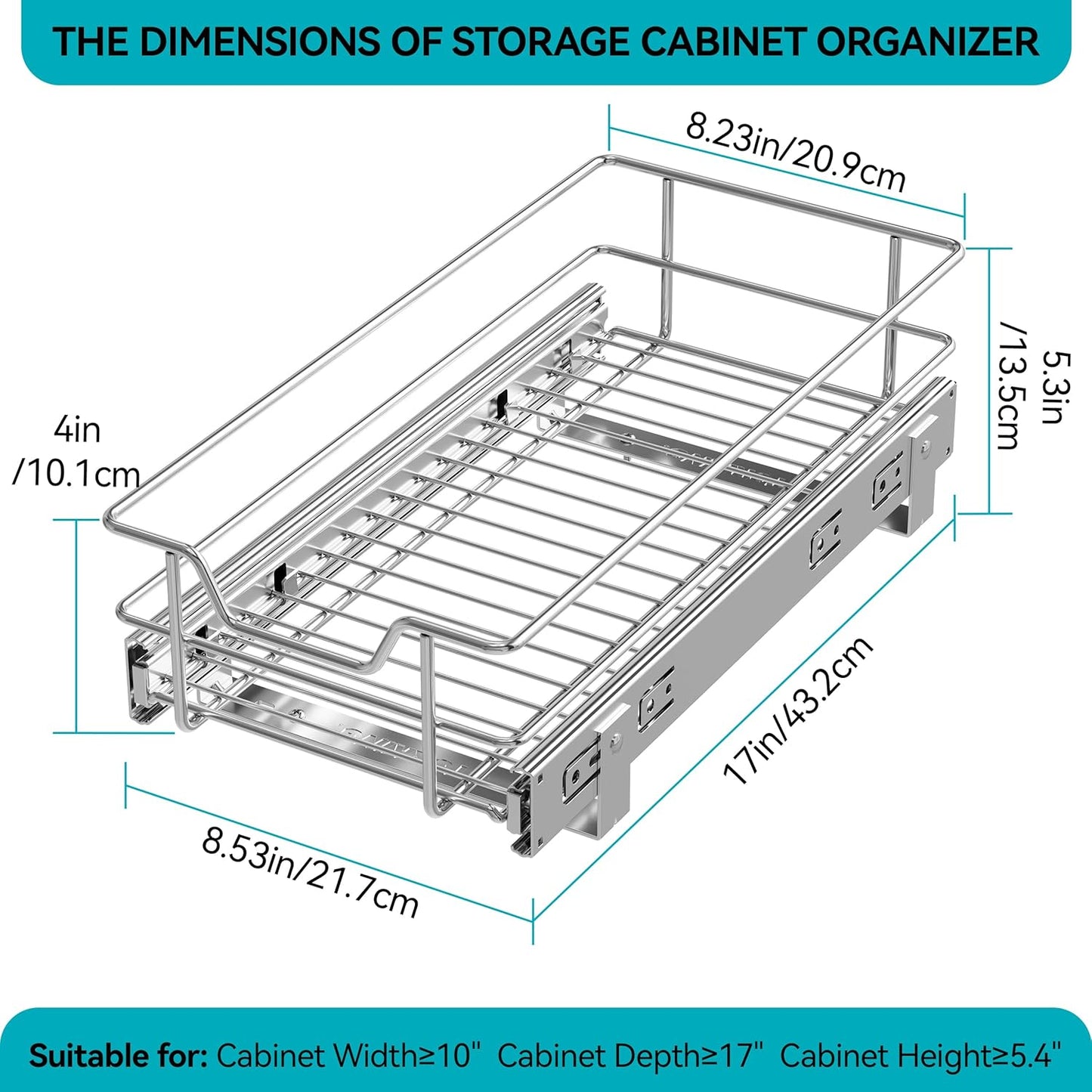 Pull Out Cabinet Organizer 15" W X 22" D, Chromed, Full Slide Out Drawers | For Kitchen Organizers and Storage, Pull Out Drawers For Cabinets Capacity Heavy Duty Caddy, Cabinet Shelves, Bathroom Pantry