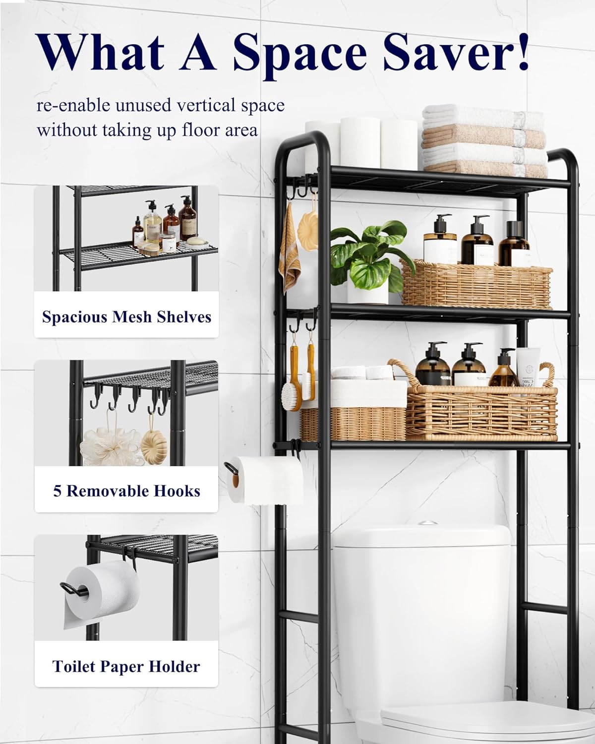 Kitsure Over Toilet Storage Rack, 63.2" H Space-Saving, Holder & Hooks | Bathroom, Laundry Room, Small Spaces, Families, Durable Metal, Black, 3 Tier