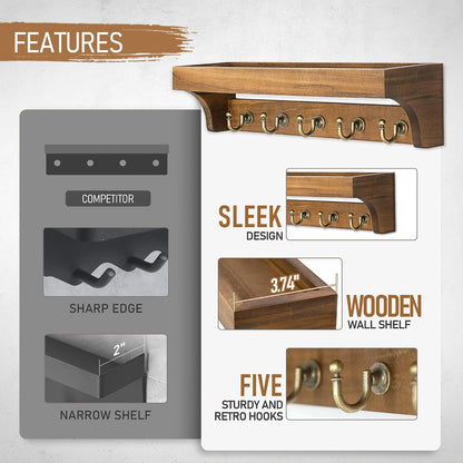 Rebee Vision Key Holder Wall Mount with 5 Hooks for Entryway, Retro Brown | Display Shelf for Plant & Letters, Key Shelf for Hats, Dog Leashes, Mail Organizer, Decorative Entryway & Living Room