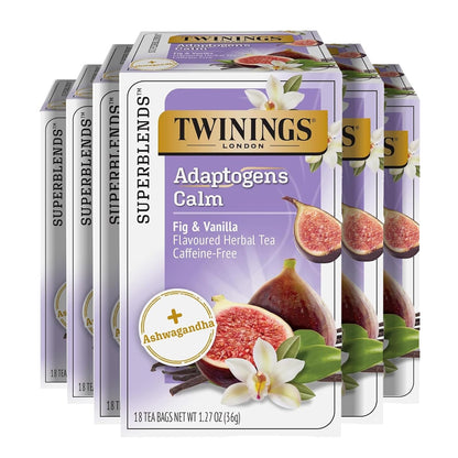 Twinings Superblends Adaptogens Calm with Ashwagandha Fig & Vanilla Flavoured Herbal Tea Caffeine-Free, 18 Tea Bags (Pack of 1), Enjoy Hot or Iced