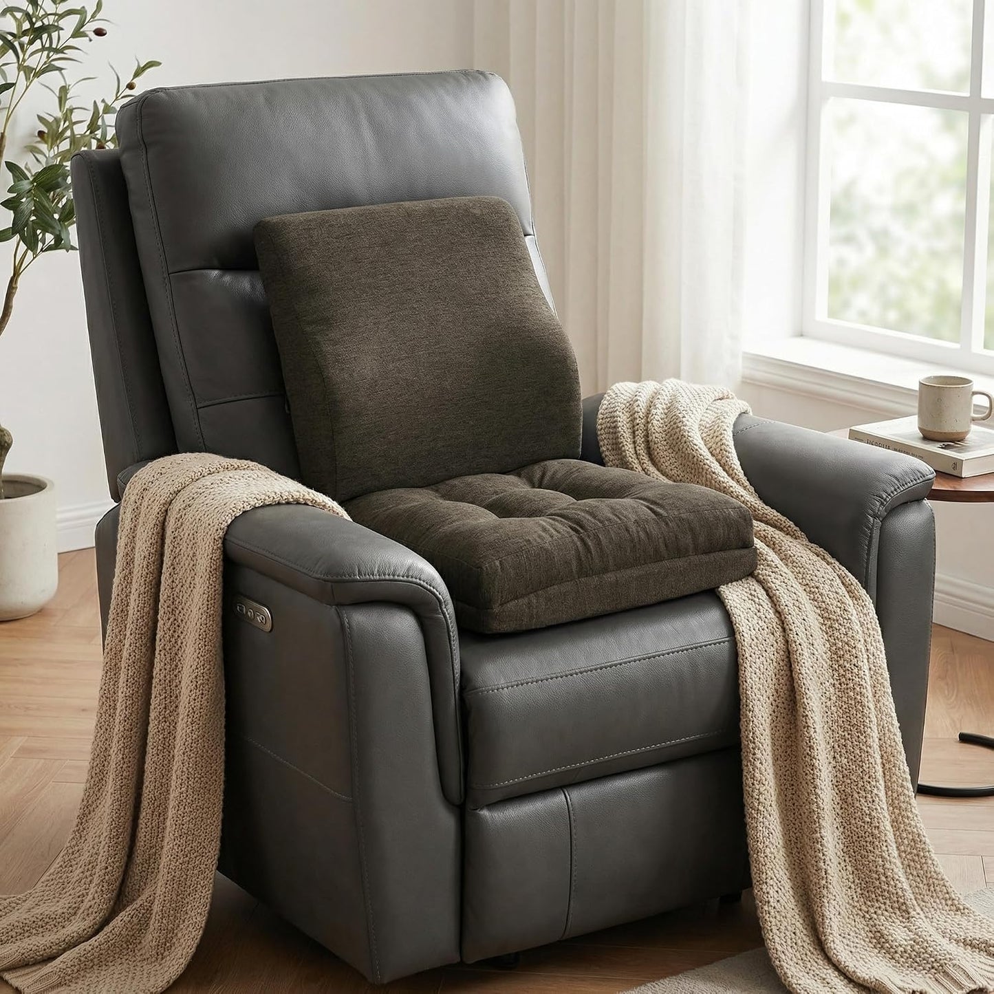 baibu Memory Foam Recliner Cushions with Lumbar Support Pillow Set for Elderly, 20x20x5 Inch Dual-Layer Design Non-Slip Recliner Seat Cushion & Back Support Pillow for Reduce Hip & Lumbar Pain, Brown
