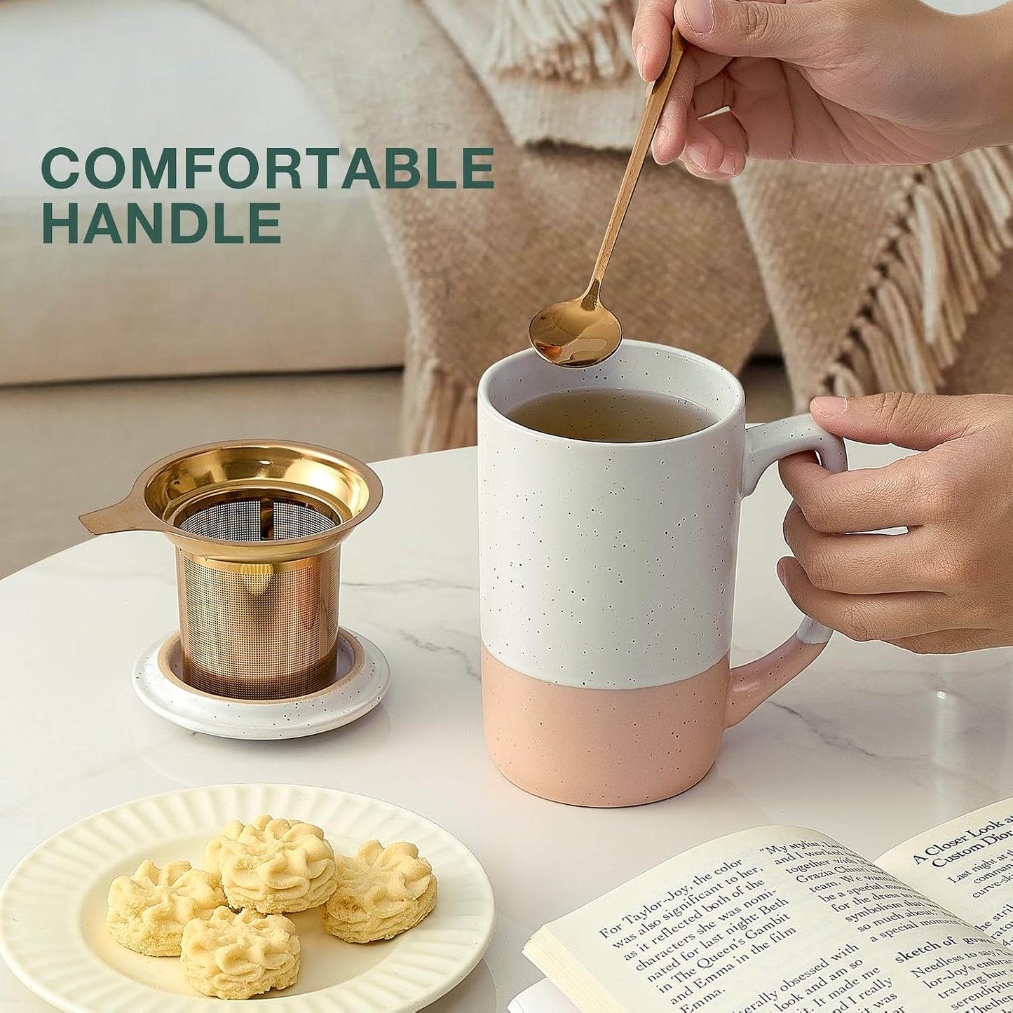 Gencywe Ceramics Large Tea Cup with Loose Leaf Infuser, Spoon and Lid, 16 oz Tall Coffee Mug, Microwave and Dishwasher Safe, Rustic Matte Ceramic Glaze, Tea Strainer, Amber