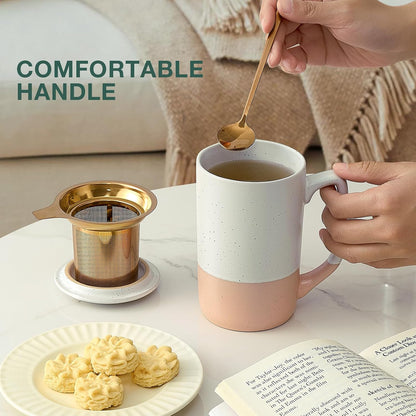 Gencywe Ceramics Large Tea Cup with Loose Leaf Infuser, Spoon and Lid, 16 oz Tall Coffee Mug, Microwave and Dishwasher Safe, Rustic Matte Ceramic Glaze, Tea Strainer, Amber