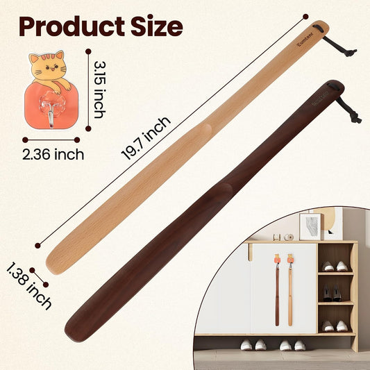 Shoe Horn Long Handle for Seniors 19.7" Shoehorn for Men, Women, Kids, Pregnancy, with Wall Hooks - Black Walnut
