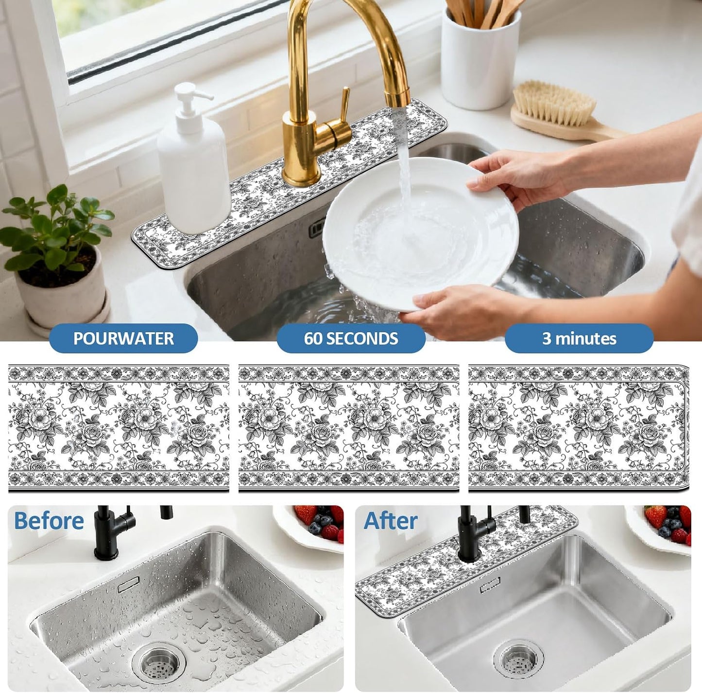 2 Pcs Kitchen Sink Splash Guard Faucet Mat Wood Grain Pattern Faucet Mat for Sinks Natural Wood Color Absorbing Drying Mats for Kitchen Bathroom, 23.6x5.5inch