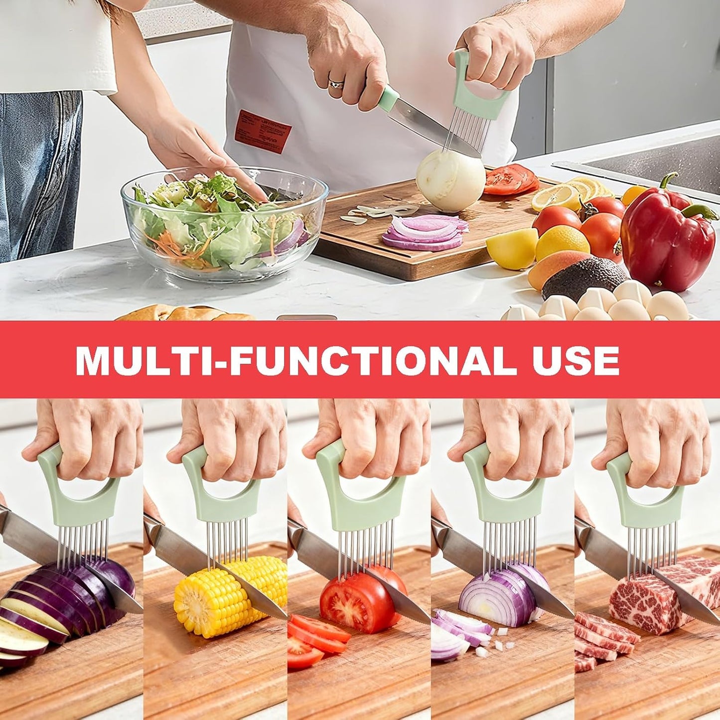 uxcell Onion Slicer Holder, Stainless Steel Vegetable Cutting Holder Food Cutter Tool for Slicing Storing Onions Tomatoes Potatoes Avocados Apples, Green