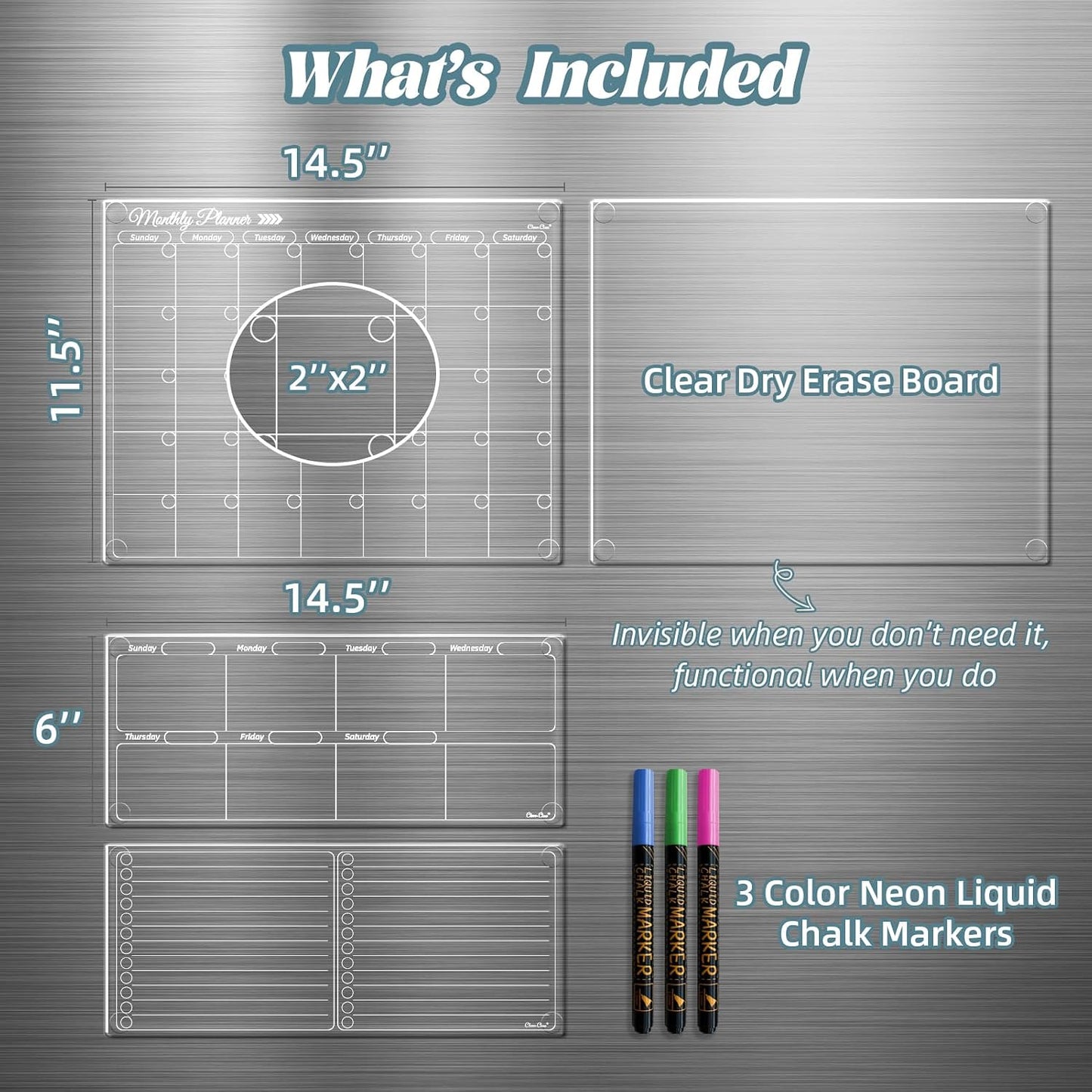 Clear Non-Magnetic Calendar Set for Fridge - Dry Erase Transparent Monthly and Weekly Calendar, List and Blank Whiteboard - Sticks to Wall, Glass, Door, Any Smooth Surfaces