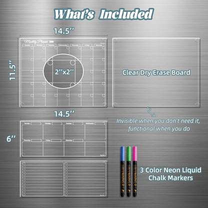 Clear Non-Magnetic Calendar Set for Fridge - Dry Erase Transparent Monthly and Weekly Calendar, List and Blank Whiteboard - Sticks to Wall, Glass, Door, Any Smooth Surfaces