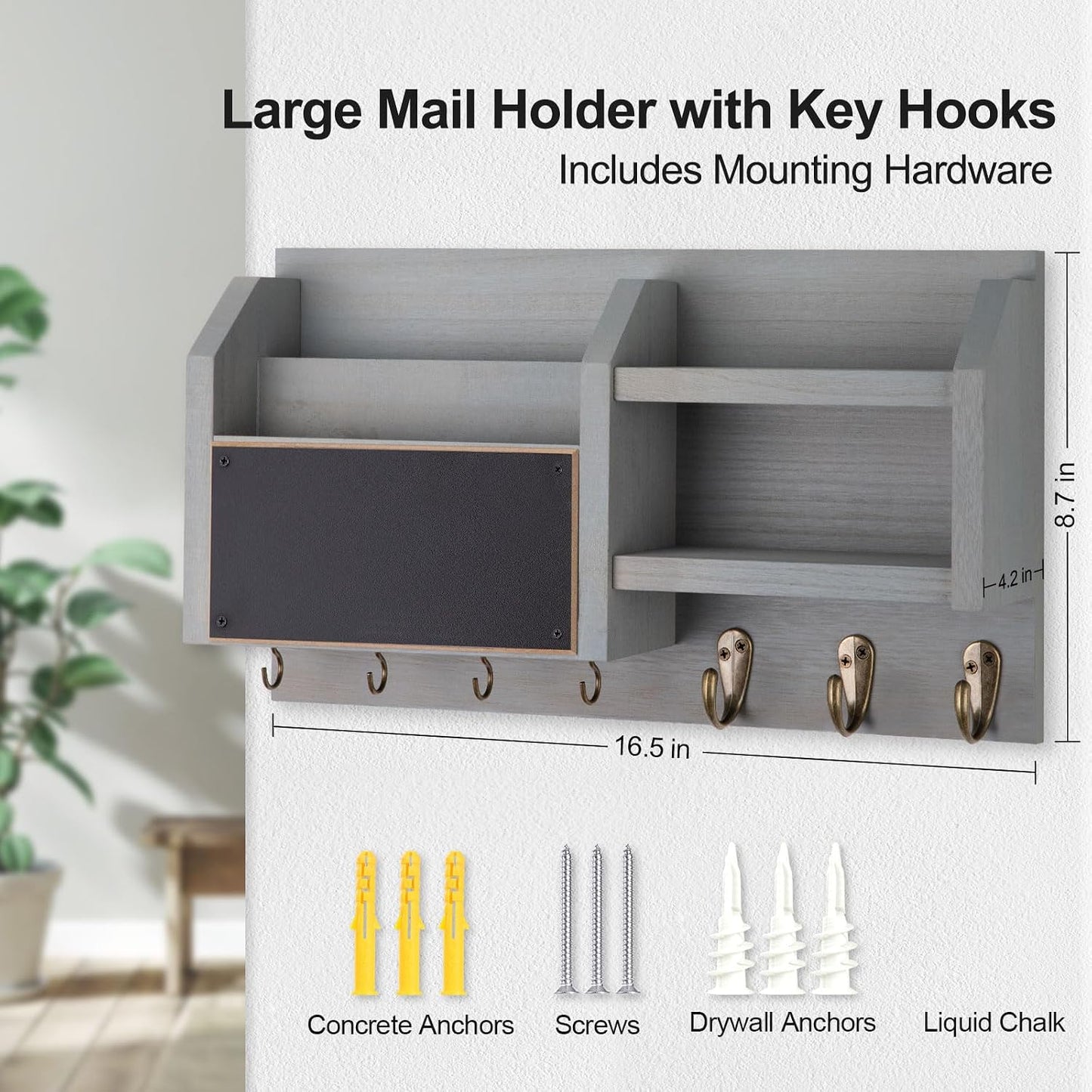Lwenki Mail and Key Holder – Wall Mount Key Hanger with Shelf and 7 Metal Hooks – Decorative Natural Paulownia Wood Entryway Organizer with Mounting Hardware (16.5”W x 8.7”H x 3.5”D) (Brown)