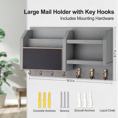Lwenki Mail and Key Holder – Wall Mount Key Hanger with Shelf and 7 Metal Hooks – Decorative Natural Paulownia Wood Entryway Organizer with Mounting Hardware (16.5”W x 8.7”H x 3.5”D) (Brown)