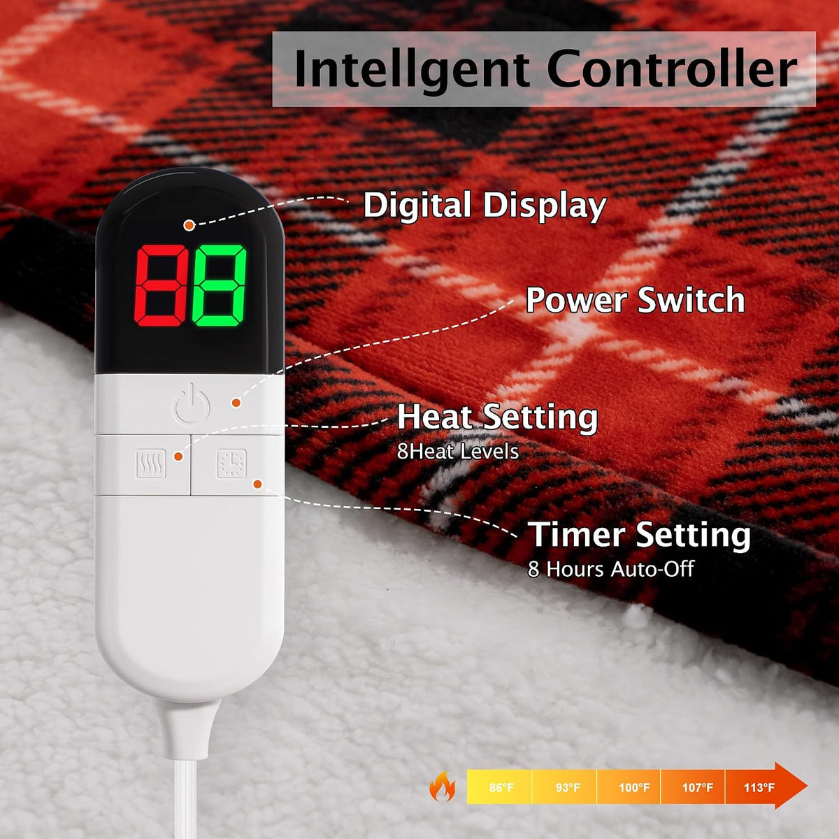 Heated Electric Blanket, Red Christmas Sherpa Plaid Throw Blanket