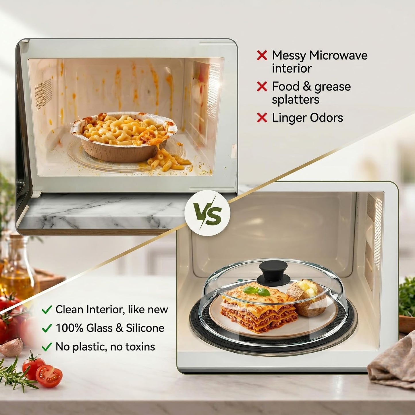 10" Glass Microwave Splatter Cover with Silicone Mat | 100% Metal-Free, Ceramic Screw, Heavy-Duty Borosilicate Glass, Anti-Scald Handle, BPA-Free, Dishwasher Safe