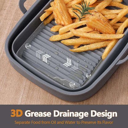 Collapsible Silicone Air Fryer Liners 8QT 10QT Ninja Dual (Gray) | 2 Pack Food Grade Platinum Silicone, Snug Rectangular Fit, Grease Drainage Ridges, Dishwasher Safe, BPA Free Basket Liner