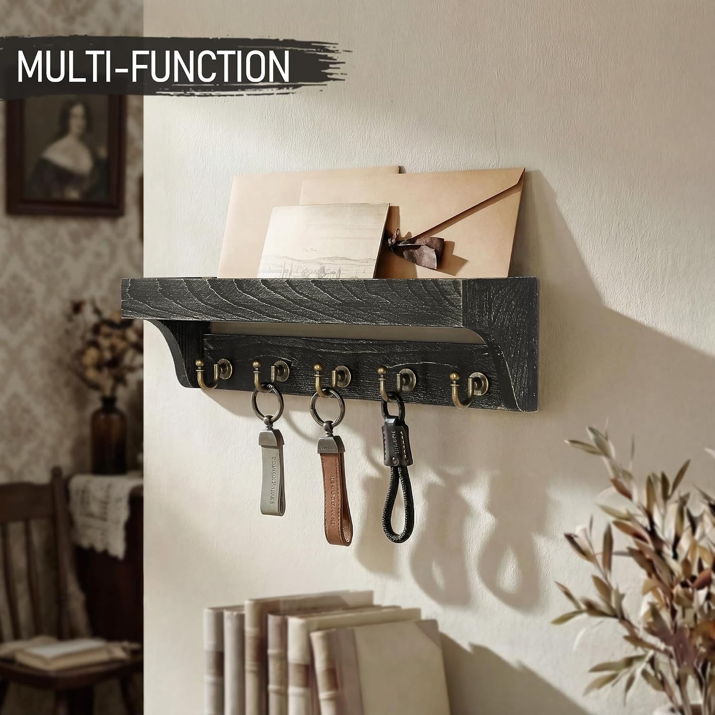 Rebee Vision Key Holder Wall Mount with 5 Hooks for Entryway, Retro Brown | Display Shelf for Plant & Letters, Key Shelf for Hats, Dog Leashes, Mail Organizer, Decorative Entryway & Living Room