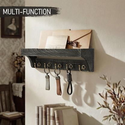 Rebee Vision Key Holder Wall Mount with 5 Hooks for Entryway, Retro Brown | Display Shelf for Plant & Letters, Key Shelf for Hats, Dog Leashes, Mail Organizer, Decorative Entryway & Living Room