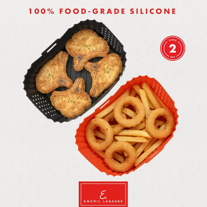 Reusable Silicone Air Fryer Liners for Emeril Lagasse Air Fryer Oven – Non-Stick Reusable Air Fryer Basket Liners – Dishwasher Safe – 9 x 7 x 3 Inch – 2 Pack – Black/Red